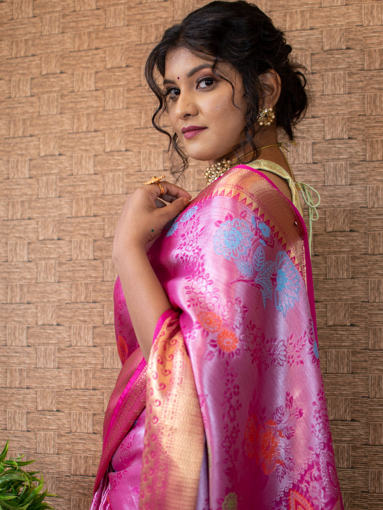 Banarasi Semi Silk Saree With Tanchoi Zari & Meena Weaving-Pink