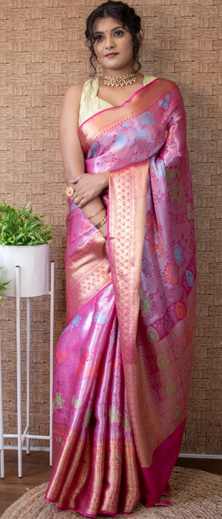 Banarasi Semi Silk Saree With Tanchoi Zari & Meena Weaving-Pink