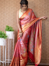 Banarasi Semi Silk Saree With Tanchoi Zari & Meena Weaving-Red