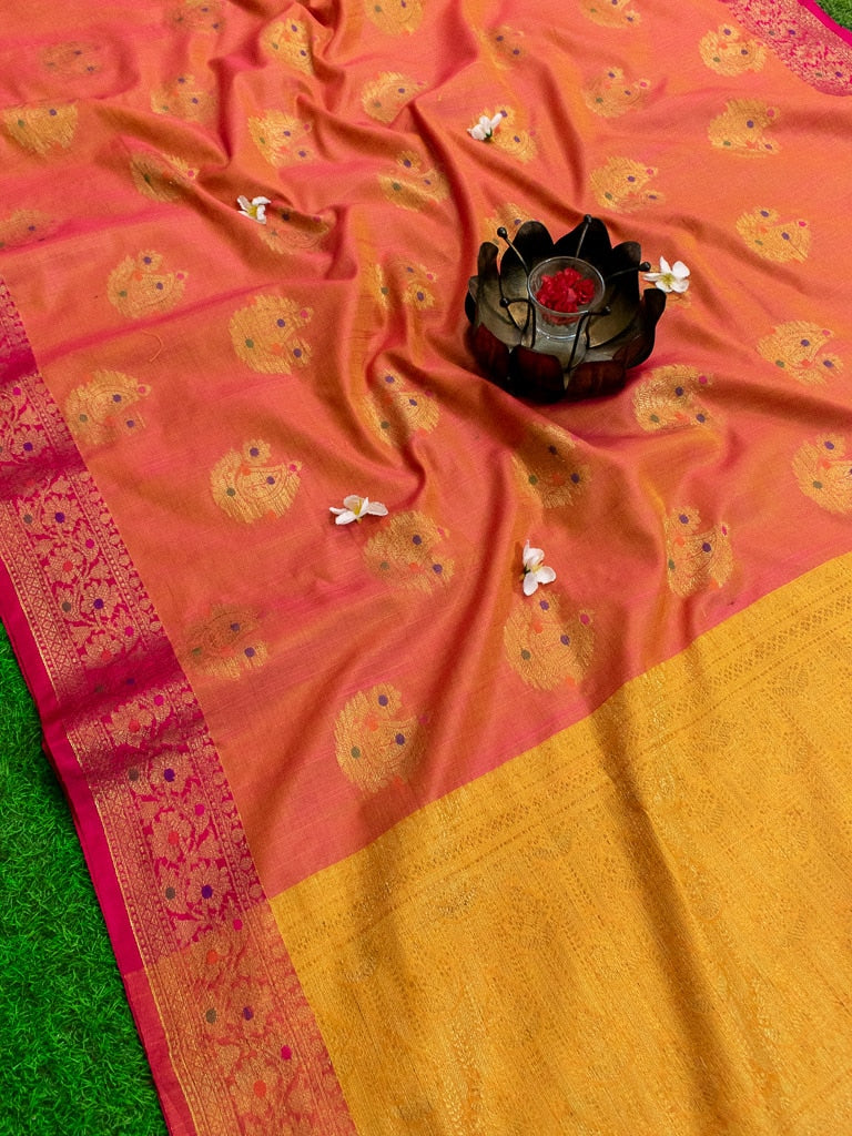 Banarasi Cotton Linen Mix Saree With Resham Peacock Weaving-Orange