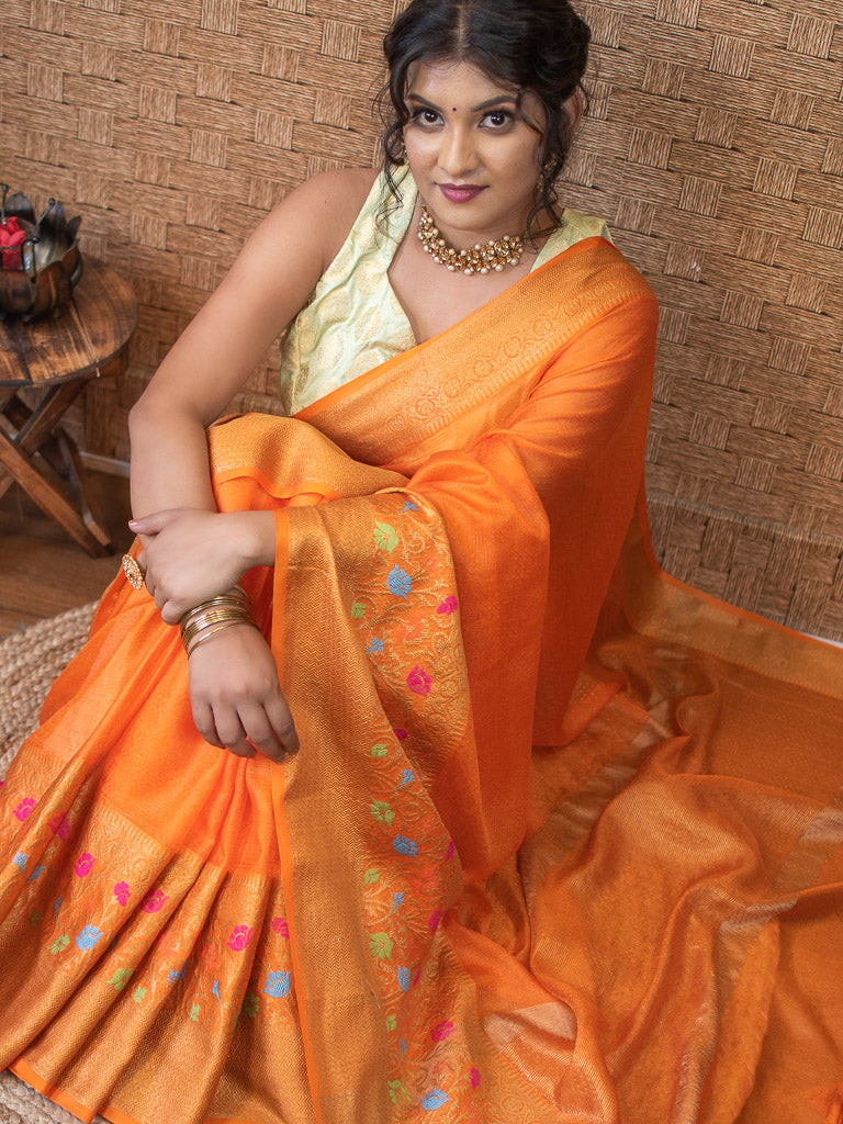Banarasi Semi Chiffon Plain Saree Antique Zari Meena Weaving Border-Orange