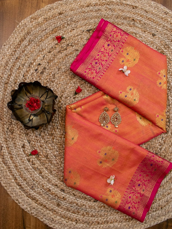 Banarasi Cotton Linen Mix Saree With Resham Peacock Weaving-Orange
