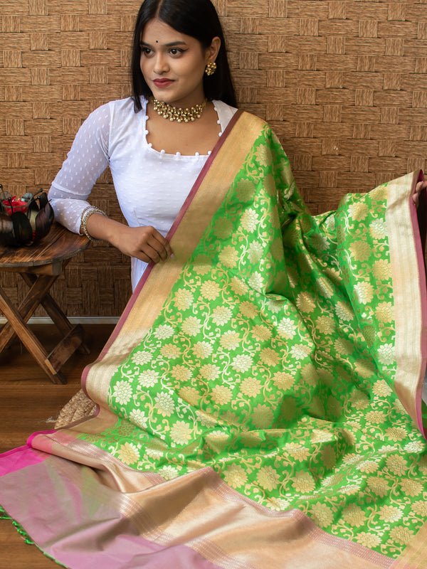 Banarasi Art Silk Floral Dupatta With Contrast Border-Green