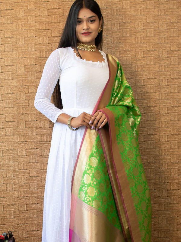 Banarasi Art Silk Floral Dupatta With Contrast Border-Green
