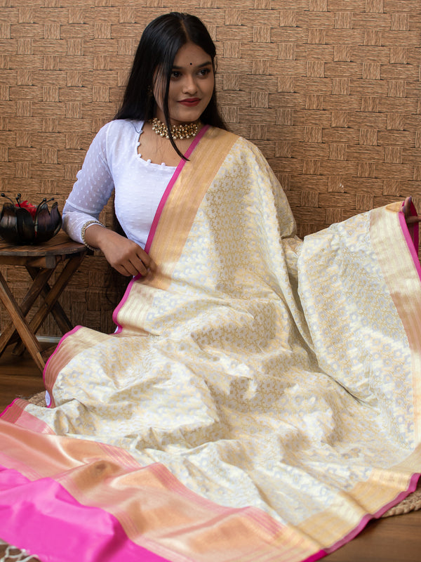 Banarasi Art Silk Floral Dupatta With Contrast Border-White