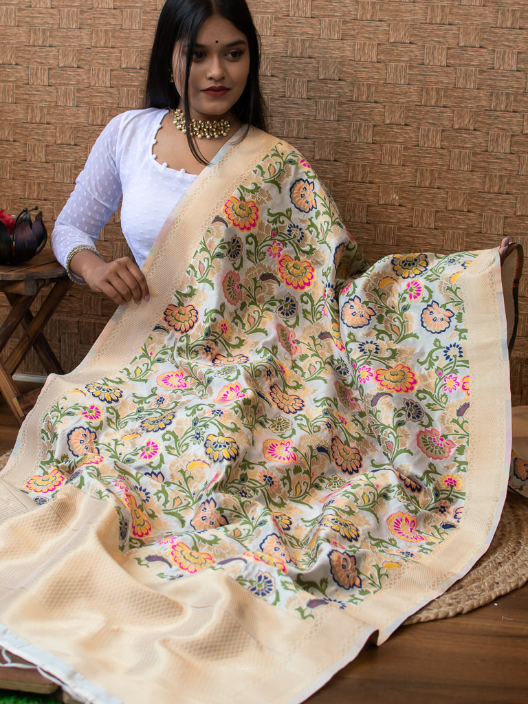 Banarasi Art Silk Floral Dupatta With Contrast Border-Ivory White