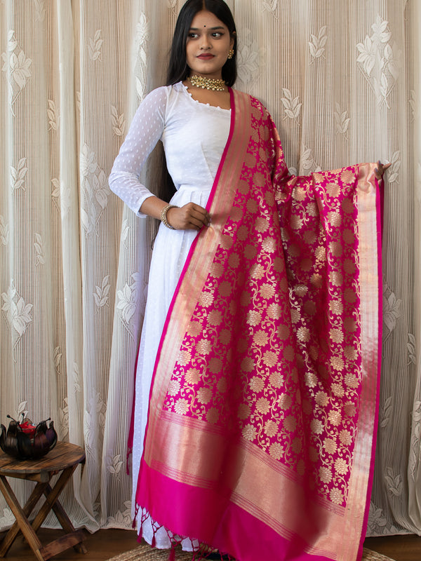 Banarasi Art Silk Floral Dupatta With Contrast Border-Pink
