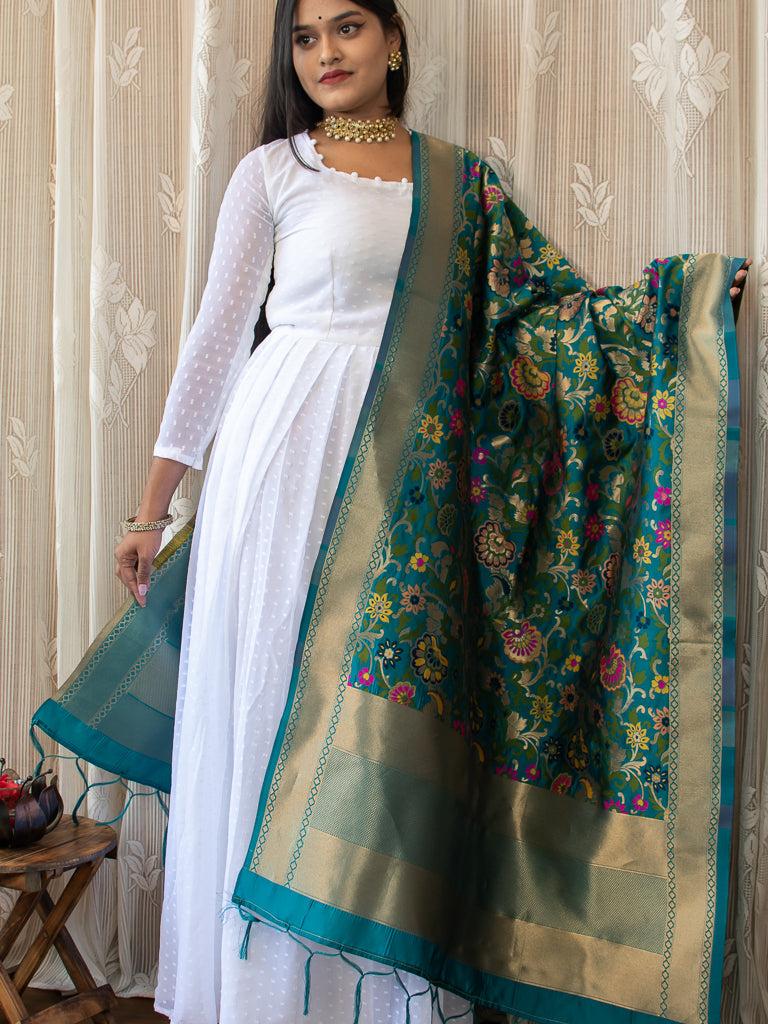 Banarasi Art Silk Floral Dupatta With Contrast Border-Teal
