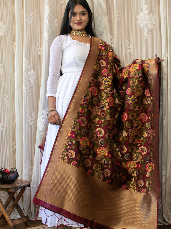 Banarasi Art Silk Floral Dupatta With Contrast Border-Brown