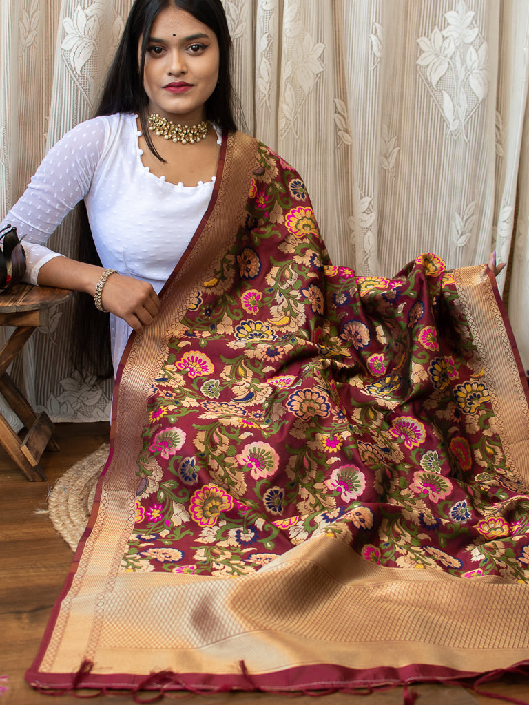 Banarasi Art Silk Floral Dupatta With Contrast Border-Brown