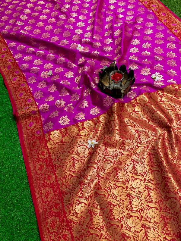 Banarasi Art Silk Saree With Contrast Meena Border-Magenta & Red