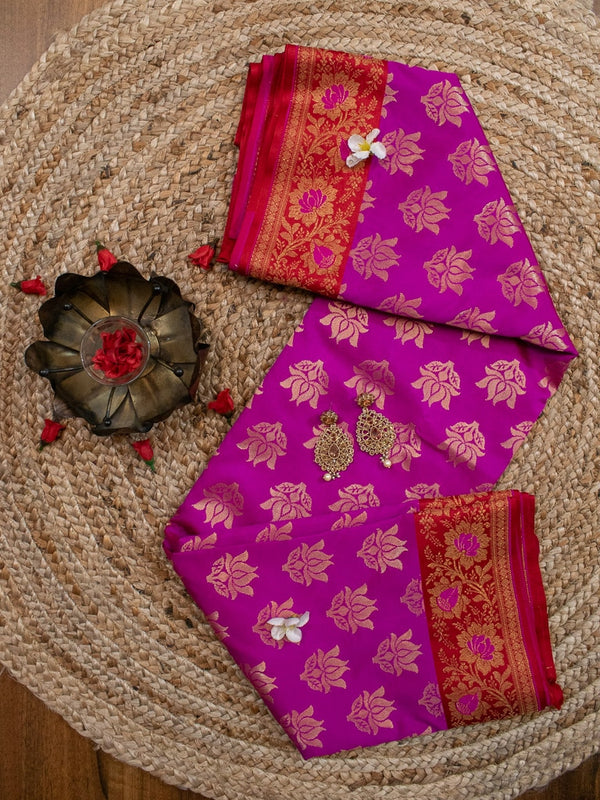 Banarasi Art Silk Saree With Contrast Meena Border-Magenta & Red