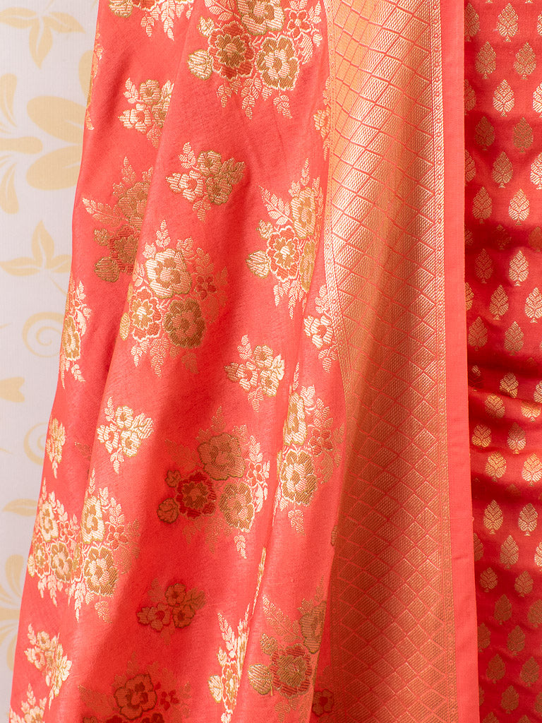 Banarasi Handloom Semi Silk Salwar Kameez  Zari & Meena Floral Weaving Fabric-Coral Pink