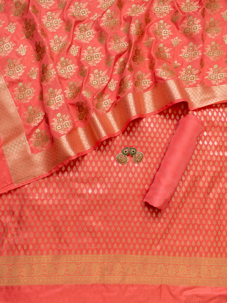Banarasi Handloom Semi Silk Salwar Kameez  Zari & Meena Floral Weaving Fabric-Coral Pink
