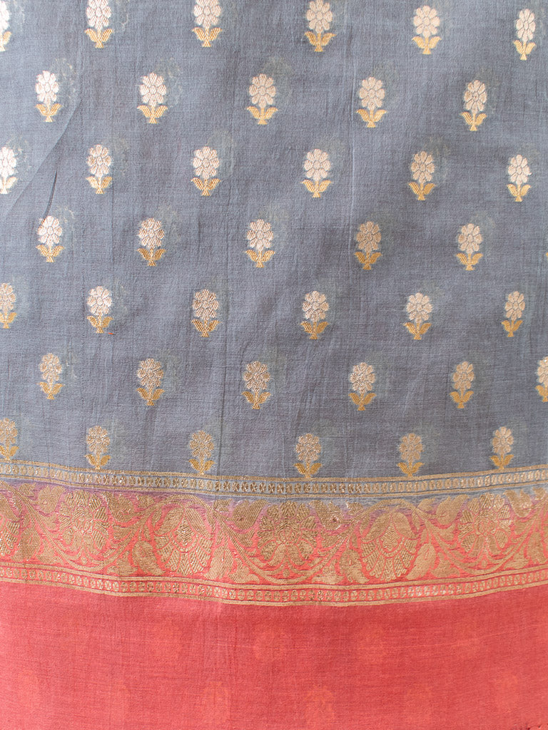 Banarasi Pure Cotton Silk Salwar Kameez Material With Silver Zari Weaving-Peach & Grey