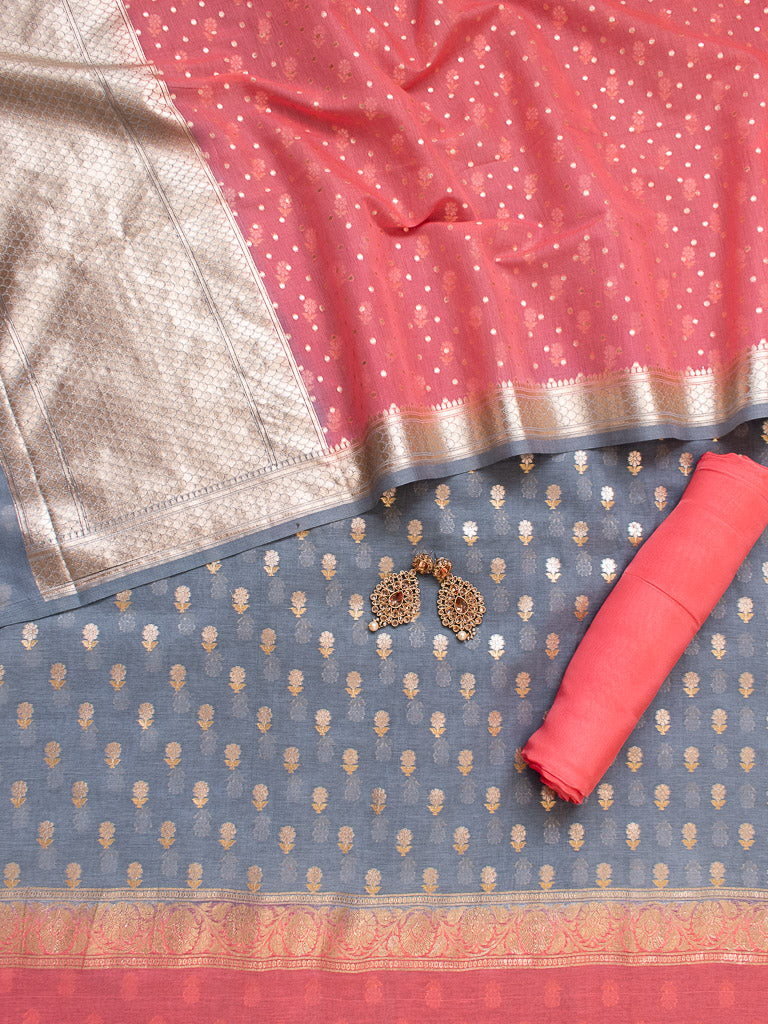 Banarasi Pure Cotton Silk Salwar Kameez Material With Silver Zari Weaving-Peach & Grey