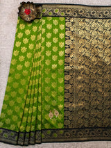 Banarasi Art Silk Saree With Contrast Meena Border-Green & Black