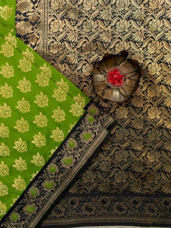 Banarasi Art Silk Saree With Contrast Meena Border-Green & Black