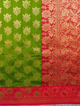 Banarasi Art Silk Saree With Contrast Meena Border-Green & Red