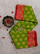 Banarasi Art Silk Saree With Contrast Meena Border-Green & Red