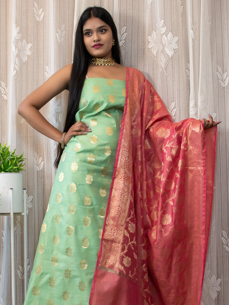 Banarasi Semi Silk Zari Weaving Salwar Kameez Material With Buti Dupatta-Green & Pink