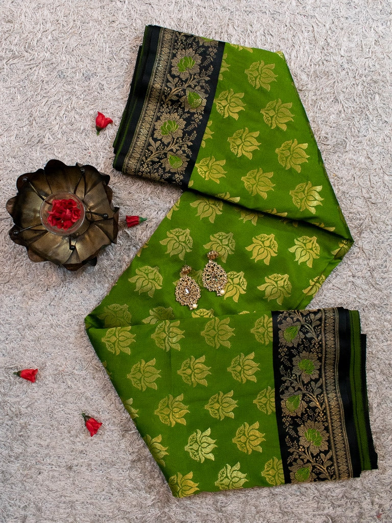 Banarasi Art Silk Saree With Contrast Meena Border-Green & Black