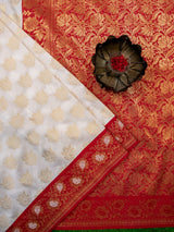 Banarasi Art Silk Saree With Contrast Meena Border-White & Red