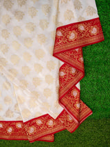 Banarasi Art Silk Saree With Contrast Meena Border-White & Red