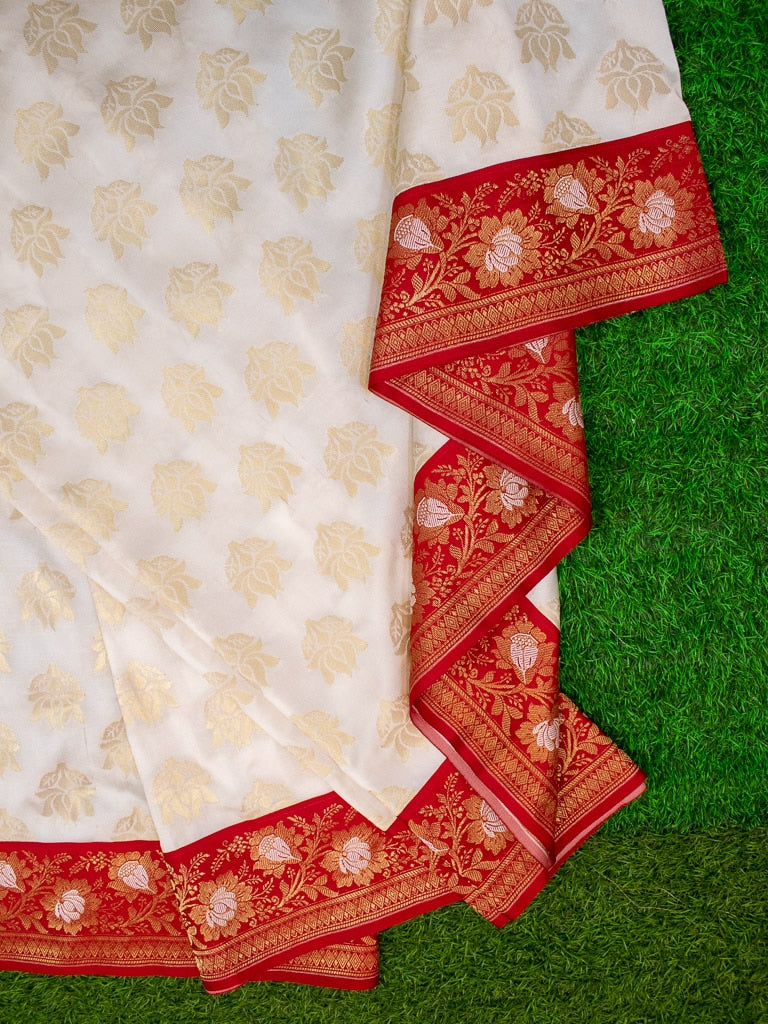 Banarasi Art Silk Saree With Contrast Meena Border-White & Red