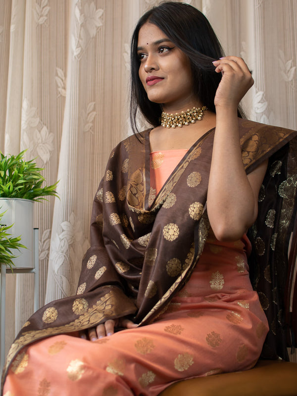 Banarasi Semi Silk Zari Weaving Salwar Kameez Material With Buti Dupatta-Peach