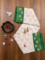 Banarasi Art Silk Saree With Contrast Meena Border-White & Green
