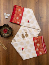 Banarasi Art Silk Saree With Contrast Meena Border-White & Red