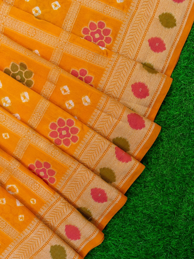 Banarasi Semi Silk Bandhini Saree With Zari & Meena Weaving-Yellow