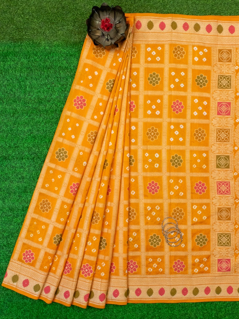 Banarasi Semi Silk Bandhini Saree With Zari & Meena Weaving-Yellow