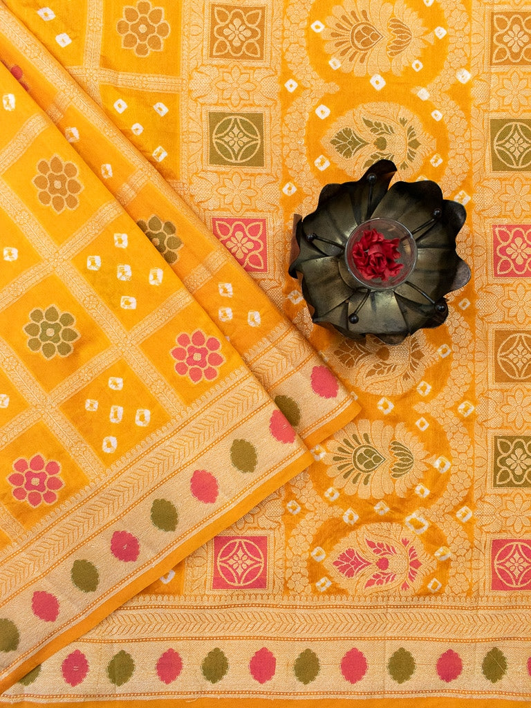 Banarasi Semi Silk Bandhini Saree With Zari & Meena Weaving-Yellow