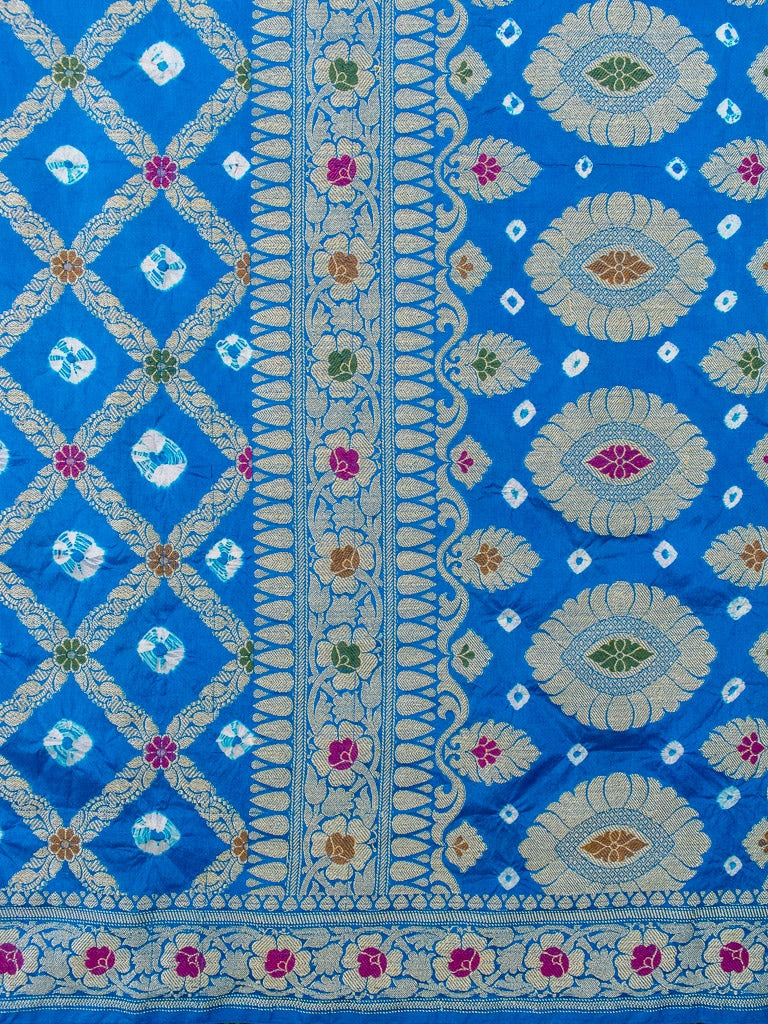 Banarasi Semi Silk Bandhini Saree With Aada Zari & Meena Jaal Weaving-Blue