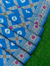 Banarasi Semi Silk Bandhini Saree With Aada Zari & Meena Jaal Weaving-Blue