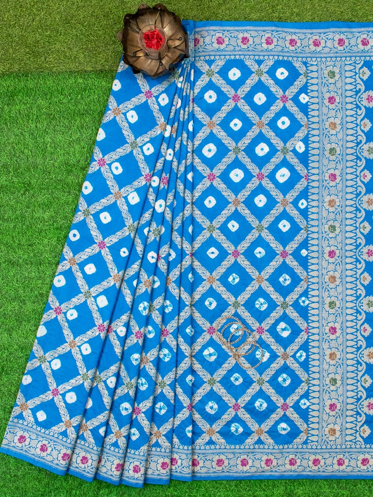 Banarasi Semi Silk Bandhini Saree With Aada Zari & Meena Jaal Weaving-Blue