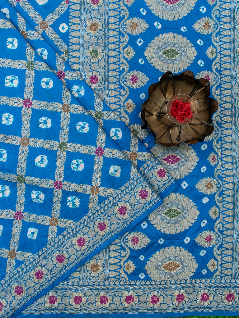 Banarasi Semi Silk Bandhini Saree With Aada Zari & Meena Jaal Weaving-Blue