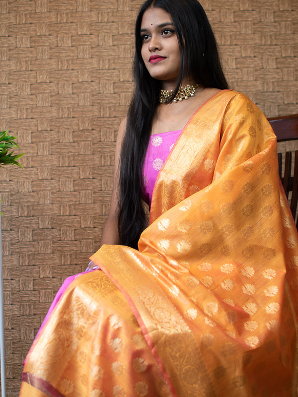 Banarasi Semi Silk Zari Weaving Salwar Kameez Material With Buti Dupatta-Pink & Yellow