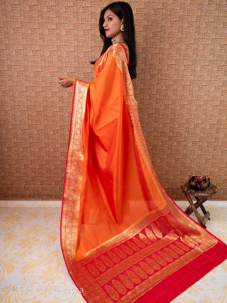 Banarasi Plain Semi Silk Saree With Zari Weaving-Orange