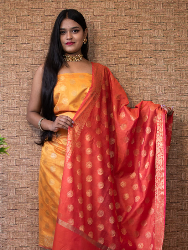 Banarasi Cotton Silk Zari Weaving Salwar Kameez Material With Buti Dupatta-Yellow & Red
