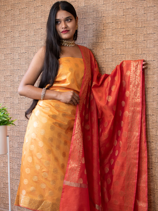 Banarasi Cotton Silk Zari Weaving Salwar Kameez Material With Buti Dupatta-Yellow & Red