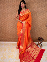 Banarasi Plain Semi Silk Saree With Zari Weaving-Orange