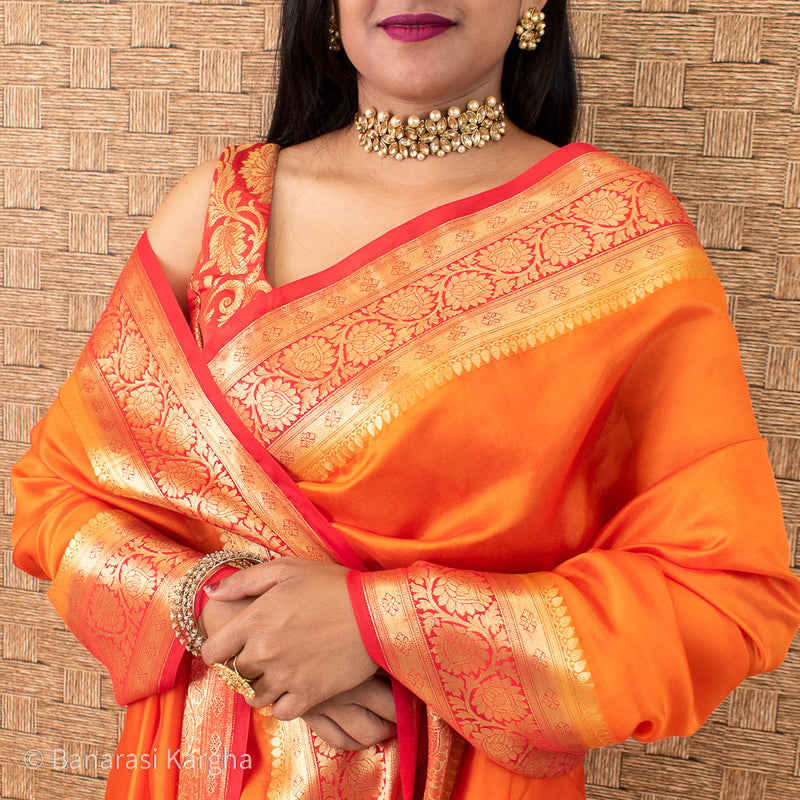 Banarasi Plain Semi Silk Saree With Zari Weaving-Orange