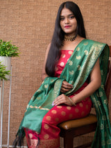 Banarasi Cotton Silk Zari Weaving Salwar Kameez Material With Buti Dupatta-Red & Green