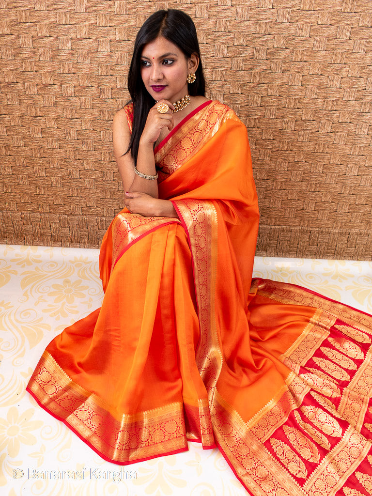 Banarasi Plain Semi Silk Saree With Zari Weaving-Orange