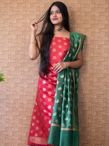 Banarasi Cotton Silk Zari Weaving Salwar Kameez Material With Buti Dupatta-Red & Green