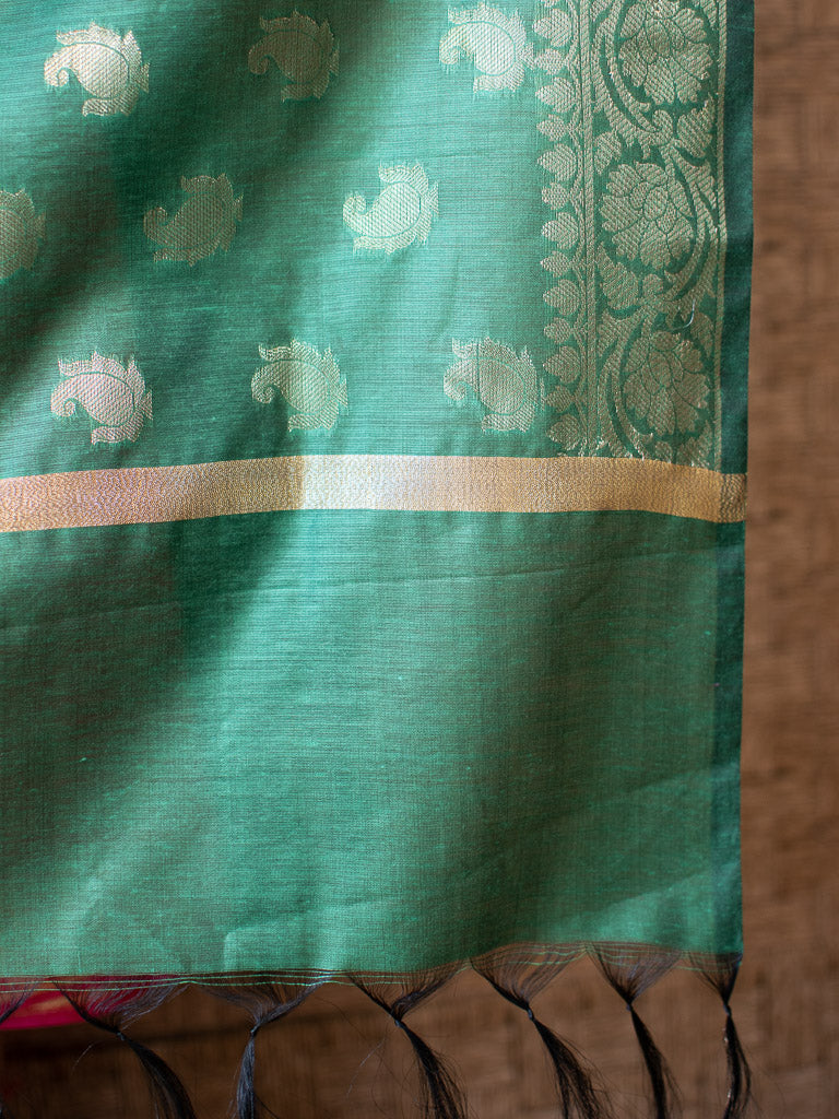 Banarasi Cotton Silk Zari Weaving Salwar Kameez Material With Buti Dupatta-Red & Green