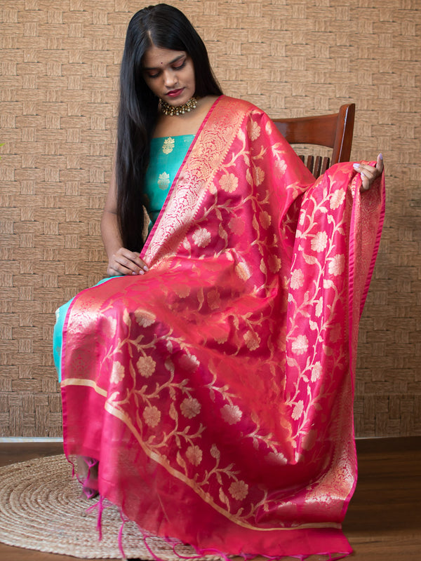 Banarasi Semi Silk Zari Weaving Salwar Kameez Material With Buti Dupatta-Green & Pink